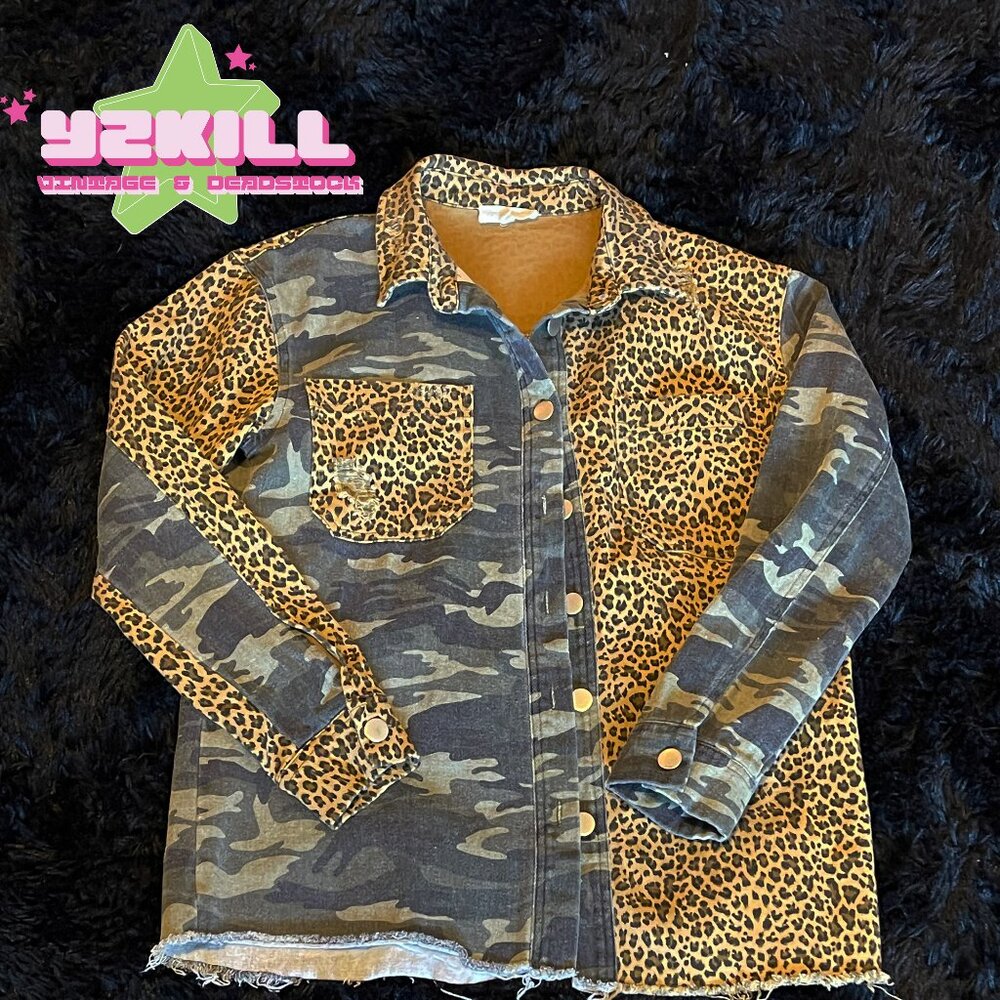 Mystree Camouflage & Cheetah Distressed Denim Button Up